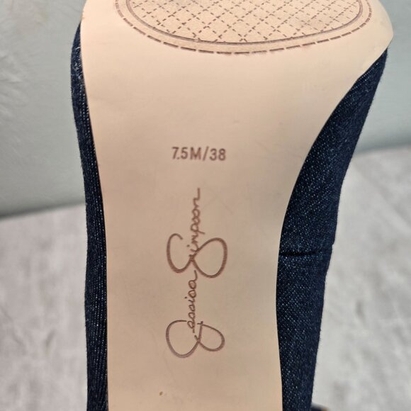 Jessica Simpson Denim Pumps 7.5 Blue Retro Dressy Pointed Toe High Heel Shoes - Picture 8 of 10